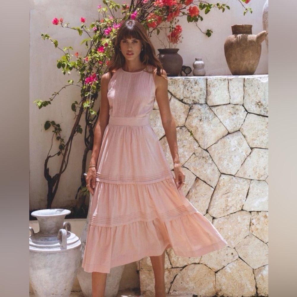 NWT! Pampelone Perle Cotton Tiered Midi Dress in Peachy Beige Size Medium